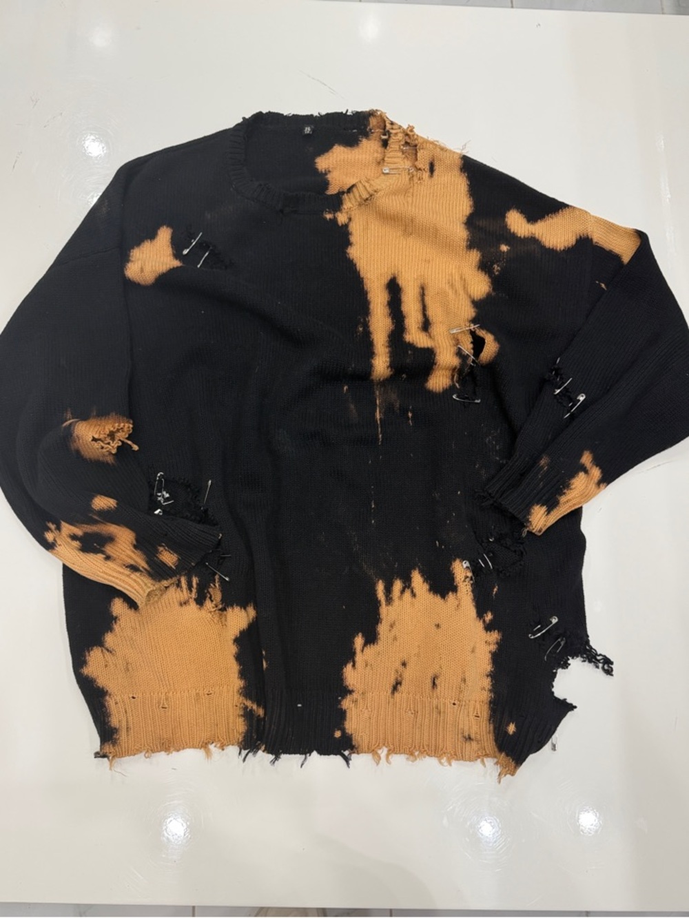R13 Women's Distressed Crewneck Sweater in Black and Tan